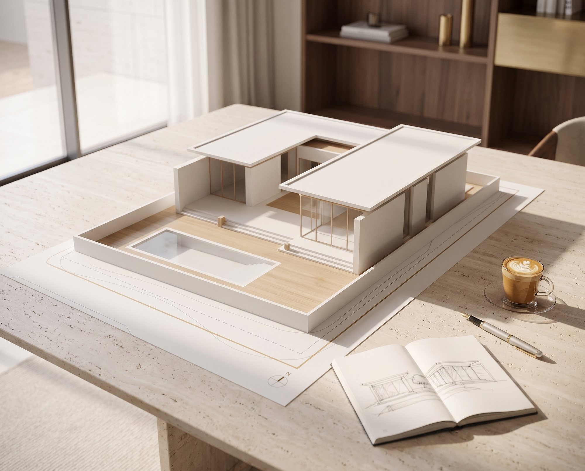 A white massing model of the villa on its printed site plan, with a sketchbook and a cortado