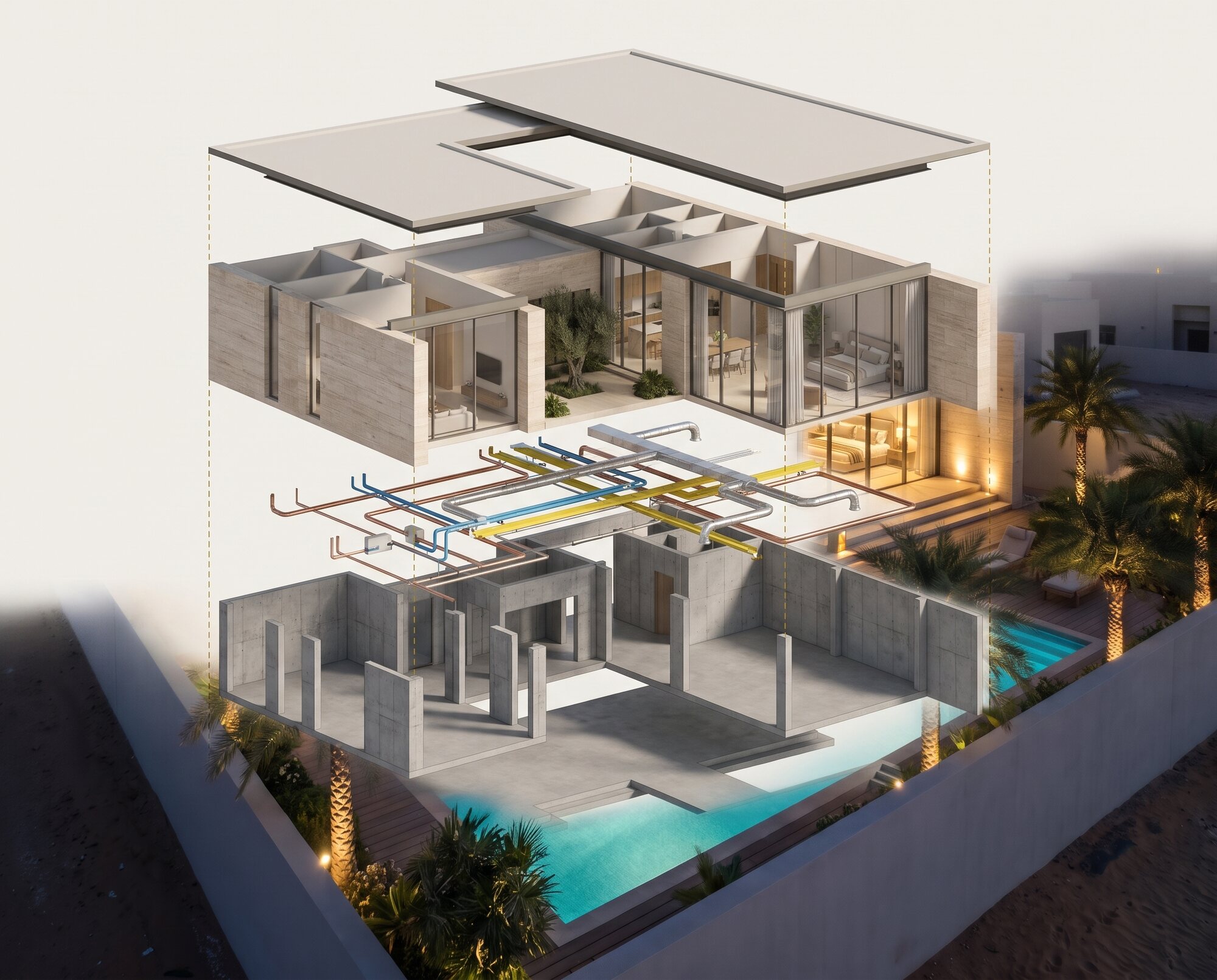 Exploded view of the villa: structure, MEP and facade layers